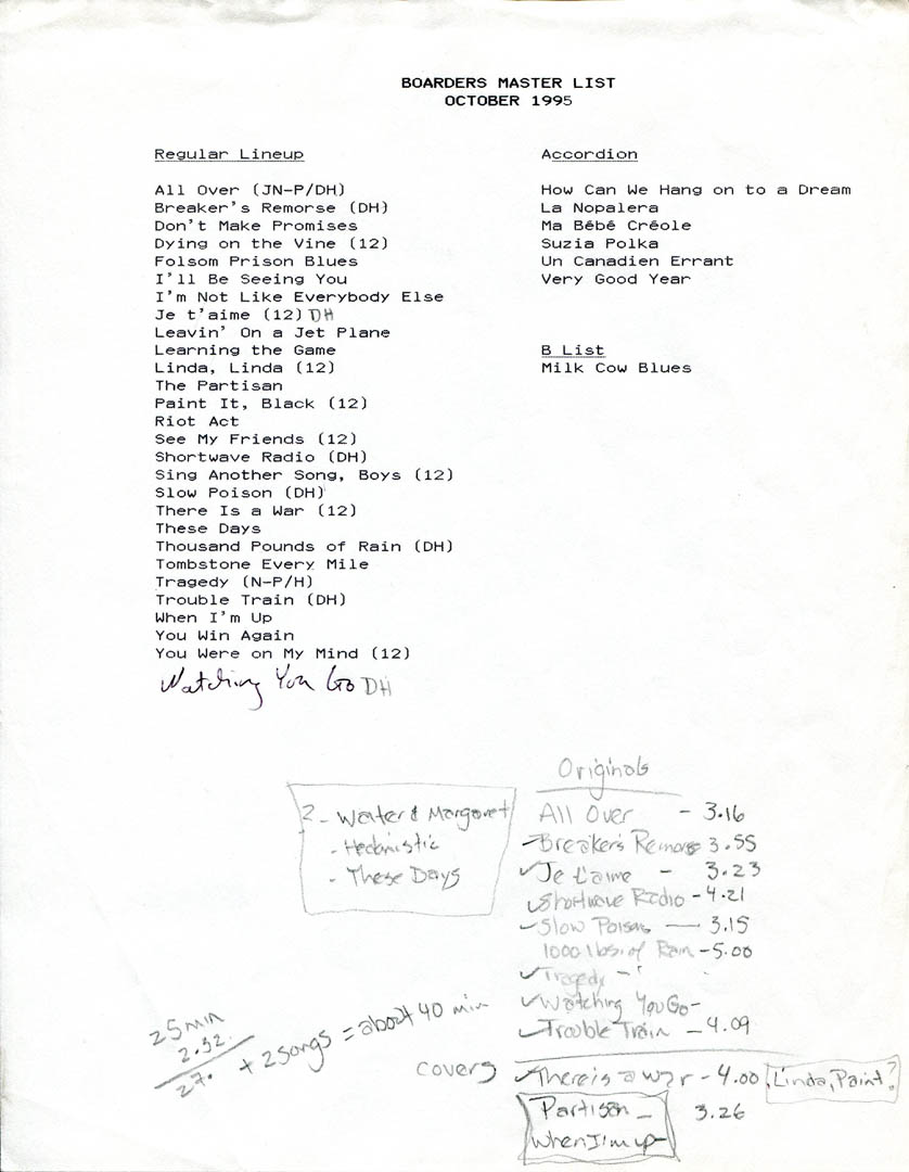A Boarders repertoire list. Hubley Archives.
