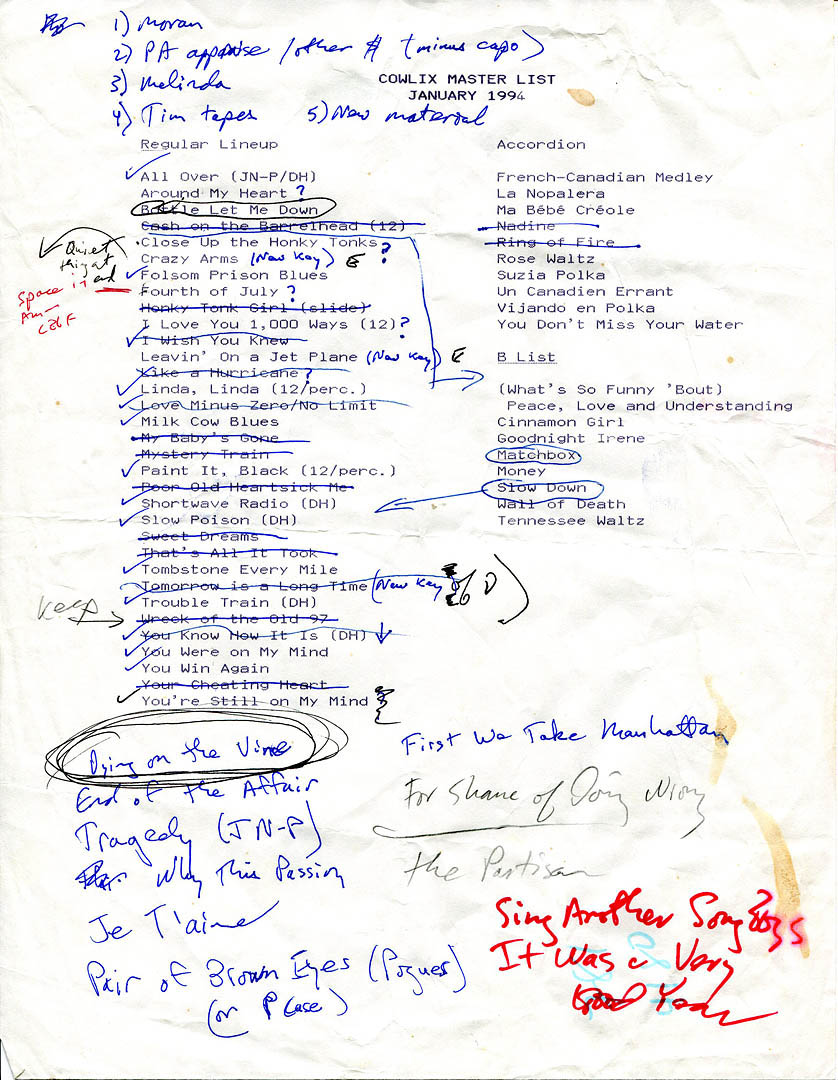 This repertoire list is a graphic illustration of the seque from the Cowlix, who disbanded in May 1994, to the Boarders, who were the remnants of the Cowlix -- Gretchen Schaefer, Doug Hubley and Jonathan Nichols-Pethick. Hubley Archives.