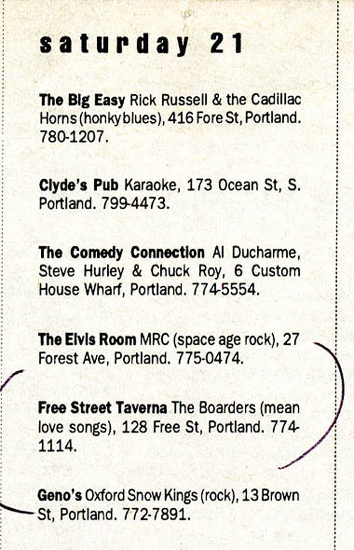 An October 1995 Boarders listing in the Portland alt newspaper Casco Bay Weekly. Hubley Archives.