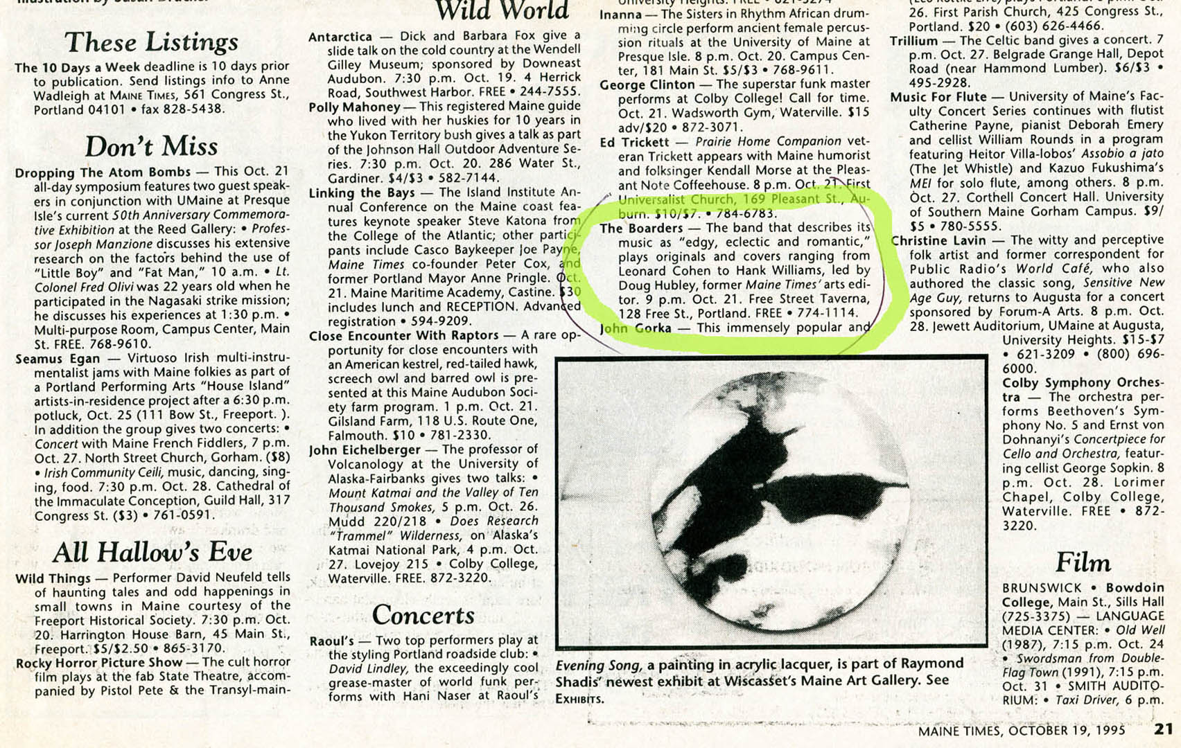 My editing practices remain in evidence in this Boarders listing in Maine Times, where I had worked until July 1995. Hubley Archives.