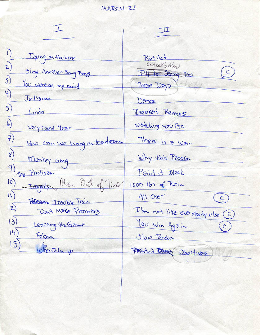 The setlist for a Boarders performance at the Free Street Taverna in March 1996. Hubley Archives.
