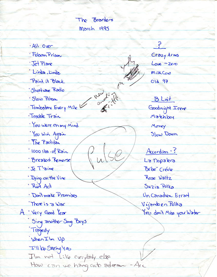 In Gretchen's handwriting, a Boarders repertoire list from March 1995. Hubley Archives.
