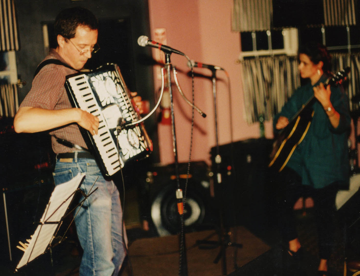 Portent of Days to come: The future Day for Night, disguised as two Cowlix, on stage at Norton\'s, in Kittery, in 1992. Doug Hubley and Gretchen Schaefer in a photo by Jeff Stanton.