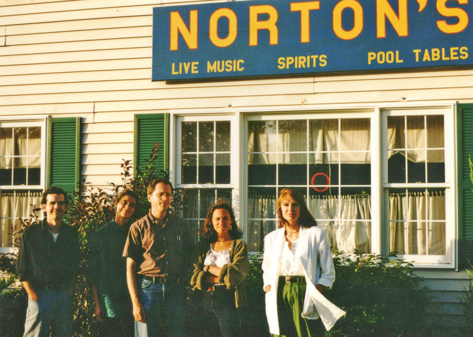 The Cowlix at Norton's, summer 1992: Jonathan Nichols-Pethick, Gretchen Schaefer, Doug Hubley, Marcia Goldenberg and Melinda McCardell. We opened for the Slaid Cleaves and the Moxie Men. Photo by Jeff Stanton.