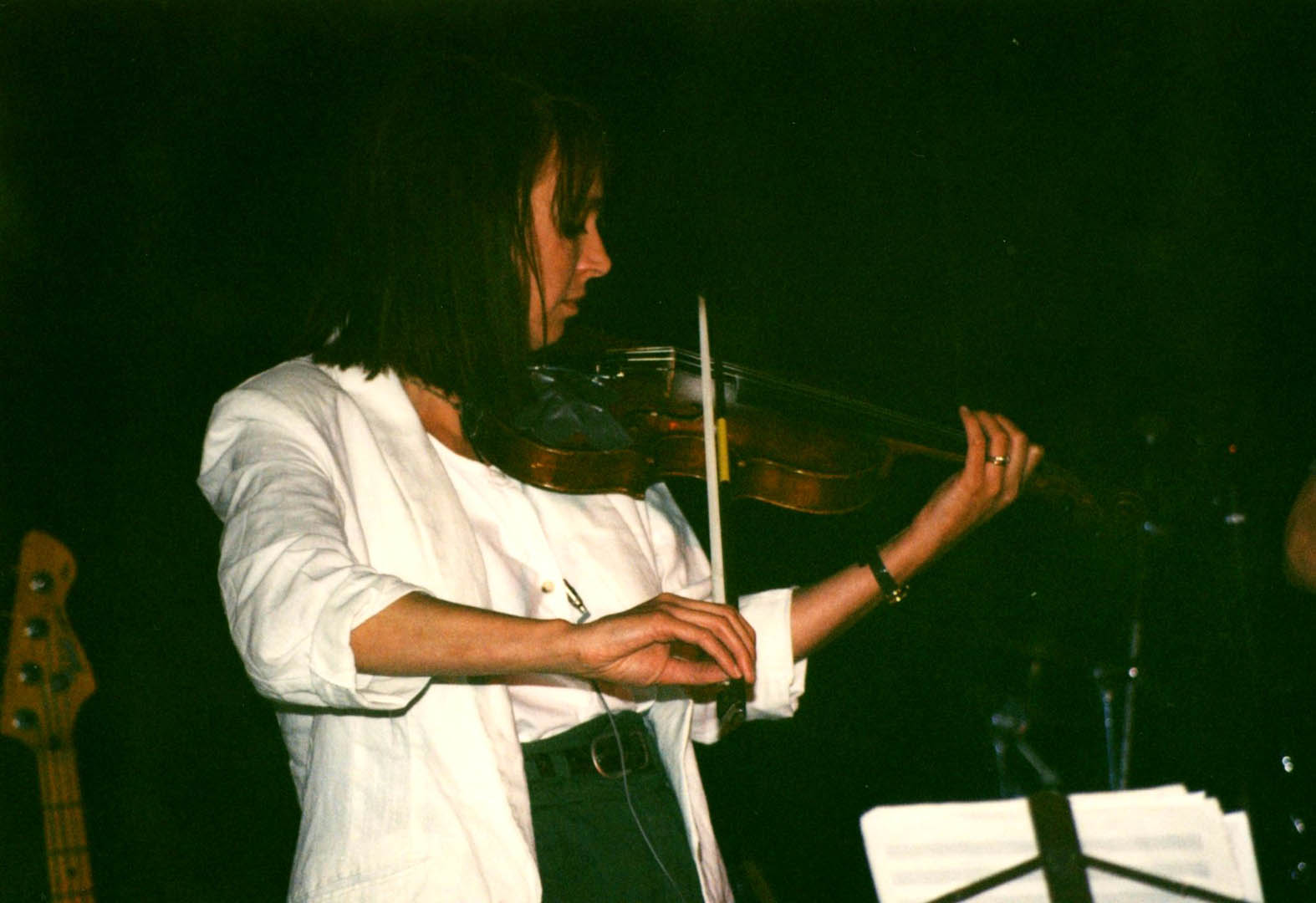 Violinist Melinda McCardell on stage with the Cowlix, summer 1992 at Norton\'s, Kittery, Maine. Photo by Jeff Stanton.