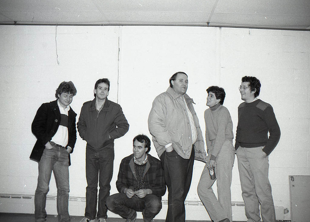 If the 1985 Fashion Jungle didn't stay together long enough for the music to really coalesce, we did develop a strong solidarity as friends, thanks to renting the Body Shop -- the warehouse space on Washington Avenue that was our clubhouse for five months. From left: FJ bassist Dan Knight, drummer Ken Reynolds, roadie-photographer Jeff Stanton, roadie-driver Alden Bodwell, roadie-artist Gretchen Schaefer, guitarist-commando Doug Hubley. Photo by Minolta self-timer/Hubley Archives.