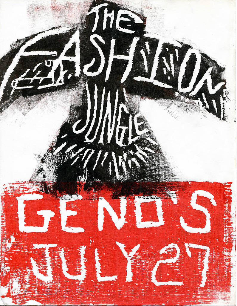A poster by Gretchen Schaefer depicts the FJ rising from the ashes for a Geno's gig.