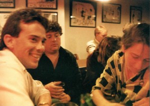 A Monday Night Boozeness meeting at Three Dollar Dewey's, 1985. From left, Ken Reynolds, Chris Bruni, two unknown subjects, Kathren Torraca.