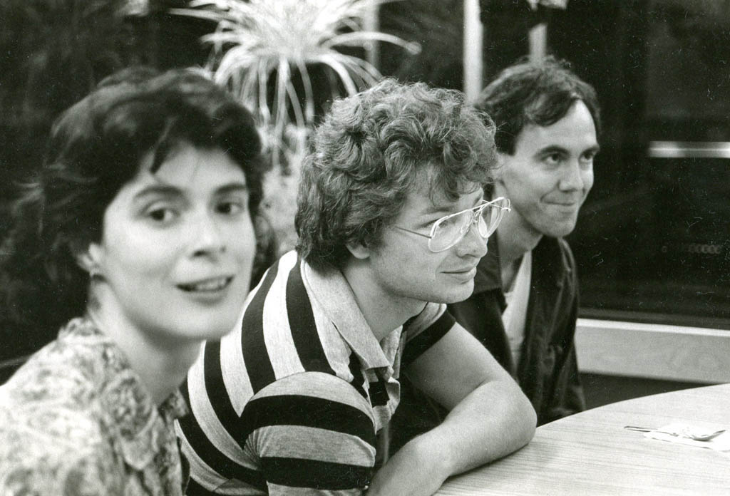 Gretchen Schaefer, Dan Knight and Jeff Stanton at Frosty's doughnut shop, Brunswick, July 1985. We were in Brunswick to see a solo concert at Bowdoin College by Richard Thompson, who was wearing a pink suit that clashed quite splendidly with his red hair. Having interviewed him for a Press Herald advance a few weeks earlier, I felt entitled to corner Thompson backstage and force an FJ tape on him. Hubley Archives.