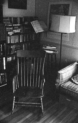 The living room at 506 Preble St., South Portland. The music stand holds a Palmer-Hughes accordion instruction book. Digital scan from black & white negative/Hubley Archives.
