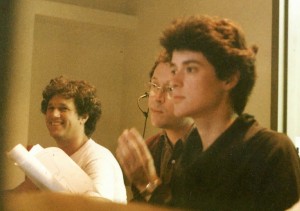 "Addicted to Show Biz" goes live. Director/producer Doug Hubley, center, with technical director Gretchen Schaefer, right, and audio engineer Neal Portnoy. Randy Visser photo/SPTV.