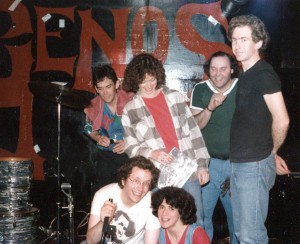 Exuberance after a Fashion Jungle gig at Geno's, 1987 or 1988. Clockwise from upper left: drummer Ken Reynolds, Jeri Chapman, Alden Bodwell, bassist Steve Chapman, Gretchen Schaefer, guitarist Doug Hubley. Photograph by Jeff Stanton.