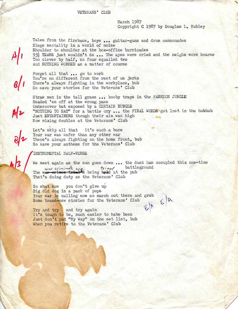 Complete with coffee stain, the lyrics to "Veterans' Club." Hubley Archives.