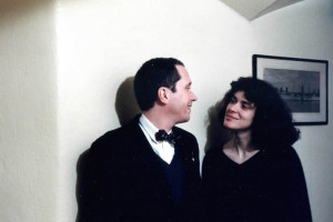 Doug and Gretchen in a festive moment, Christmas 1988, Lovell, Maine. Photo by Minolta self-timer. Hubley Archives.