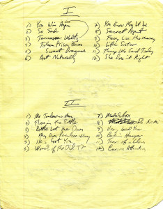The set list from the Reynolds family function, April 1989.