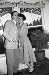 Gretchen and I dolled up and awaiting guests for the 1988 holiday party. Note the alpine window inserts that G. made. Photo by self-timer/scanned from black and white negative.