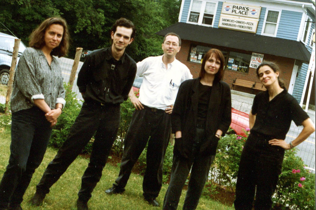 The Cowlix after a gig for Ken Reynolds' family in 1992. From left, Marcia Goldenberg, Jonathan Nichols-Pethick, Doug Hubley, Melinda McCardell, Gretchen Schaefer. Photograph by Alden Bodwell/Hubley Archives.