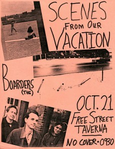 Our poster for that October 1995 Taverna date. The third image from the top shows the fence at Gretchen's and my house after a motorist flattened it. I propped it back up and the insurance money paid for a trip to Montreal. Hubley Archives.