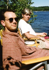 Jon Nichols-Pethick, left, at the  July 1996 going-away party for him and Nancy Nichols-Pethick. At right, Scott "Diesel Doug" Link, whose band, the Long-Haul Truckers, performed Jon's song "All Over." Hubley Archives.