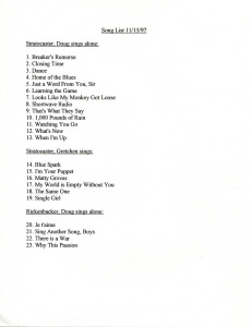 The Howling Turbines repertoire in November 1997. Ten of the 23 songs were new to the Turbines. Hubley Archives.