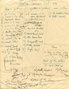 Gretchen Schaefer and I were calling ourselves "Howling Turbines" before Ken Reynolds returned as drummer. This song list bridges the two periods; the songs in darker ink, we learned with Ken. The acoustic material of the interrim, such as Leonard Cohen's "The Bells" (listed here as "Take This Longing") didn't make it into the Turbines' repertoire. Hubley Archives.
