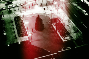 A digitally manipulated view of Congress Square Plaza in Portland, Maine, from the Top of the East in December 1984. Hubley Archives.