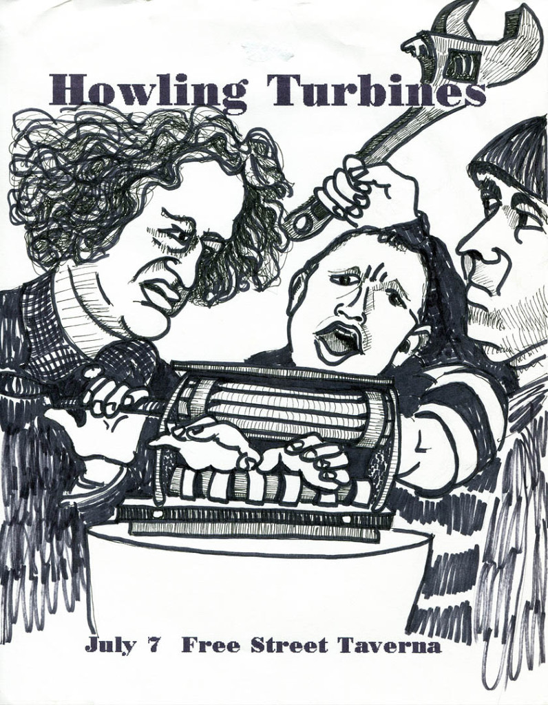 Larry assumes a whole new persona in Gretchen Schaefer's series of Howling Turbines posters based on Three Stooges publicity stills. And here I thought he was the nicest of the bunch. Hubley Archives.