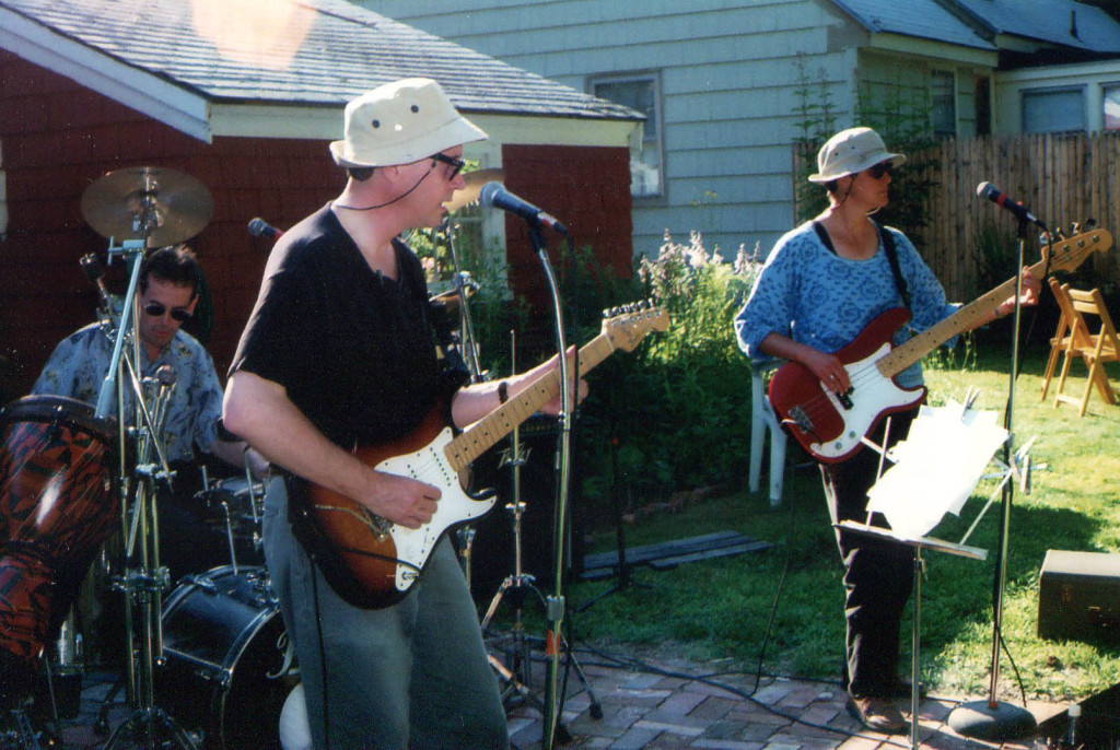 Ken Reynolds, Doug Hubley and Gretchen Schaefer: the Howling Turbines, circa 2001, in a party at the Westbrook home of Rikki and Bob Gallagher. Photo by Jeff Stanton.