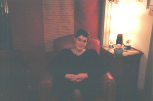 Gretchen Schaefer awaiting guests for our 2004 autumn party. Hubley Archives.