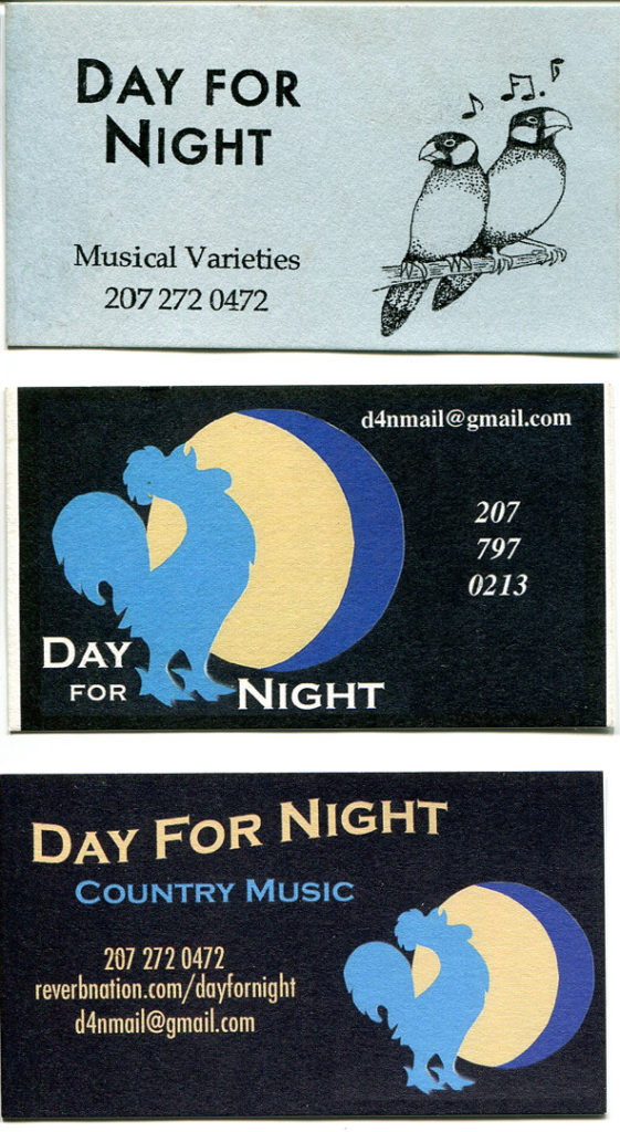 From the top, Day for Night's first, second and current business cards. Hubley Archives.