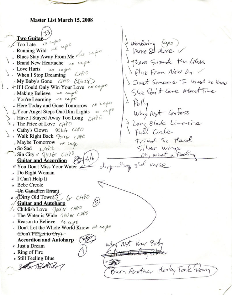 The Day for Night repertoire in mid-2008. Note our early lineup at left -- Everlys, Louvins, too many instruments — and the new material at right, all arranged for two guitars and reflecting later influences like Gene Clark and Webb Pierce. Hubley Archives.