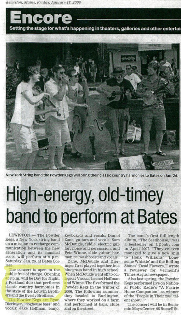 Day for Night rates a whole paragraph in the Sun Journal's advance for the Jan. 2008 Powder Kegs gig. Hubley Archives.