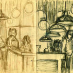 Sketches that Gretchen Schaefer made at Kayo's, a nightclub in Portland, Maine, during Fashion Jungle gigs circa 1981–3.